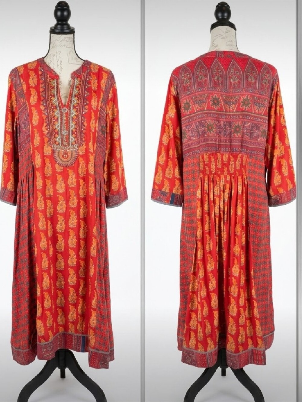 Soft Surroundings Boho Tunic Midi Dress Red Embroidered Neckline Women's Lg